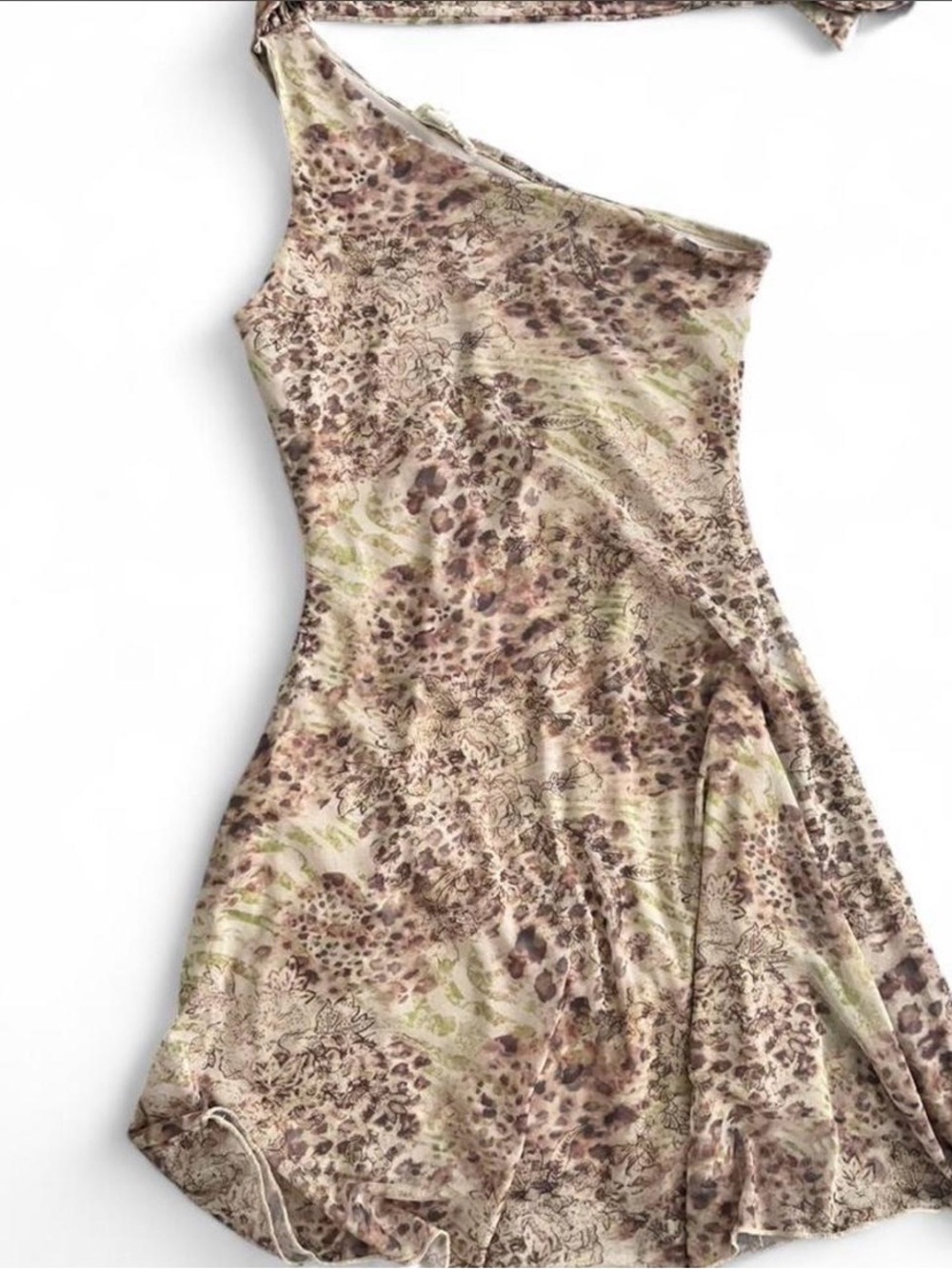 See You Monday One-Shoulder Beige Floral & Animal Print Dress